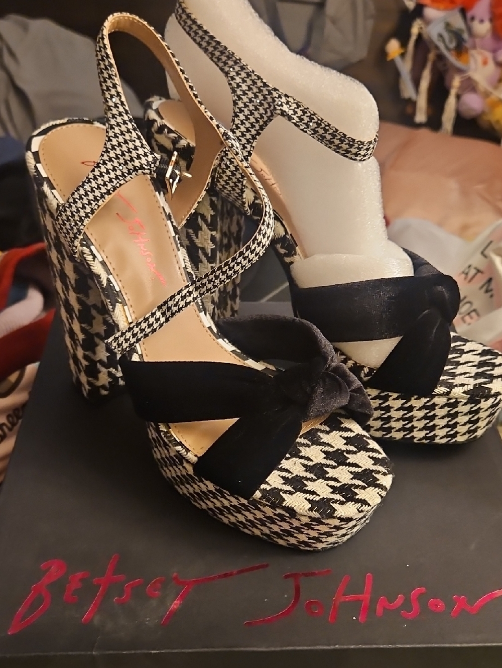 Betsey Johnson Black & White Houndstooth Platform Sandals with Velvet Bow